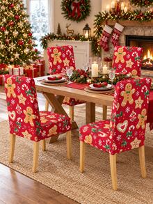 Christmas Dining Chair Set Red Gingerbread Man Candy Cane Cookie Snowflake Print Chair Covers Restaurant Kitchen Christmas Party Home Decor - Red - View 9
