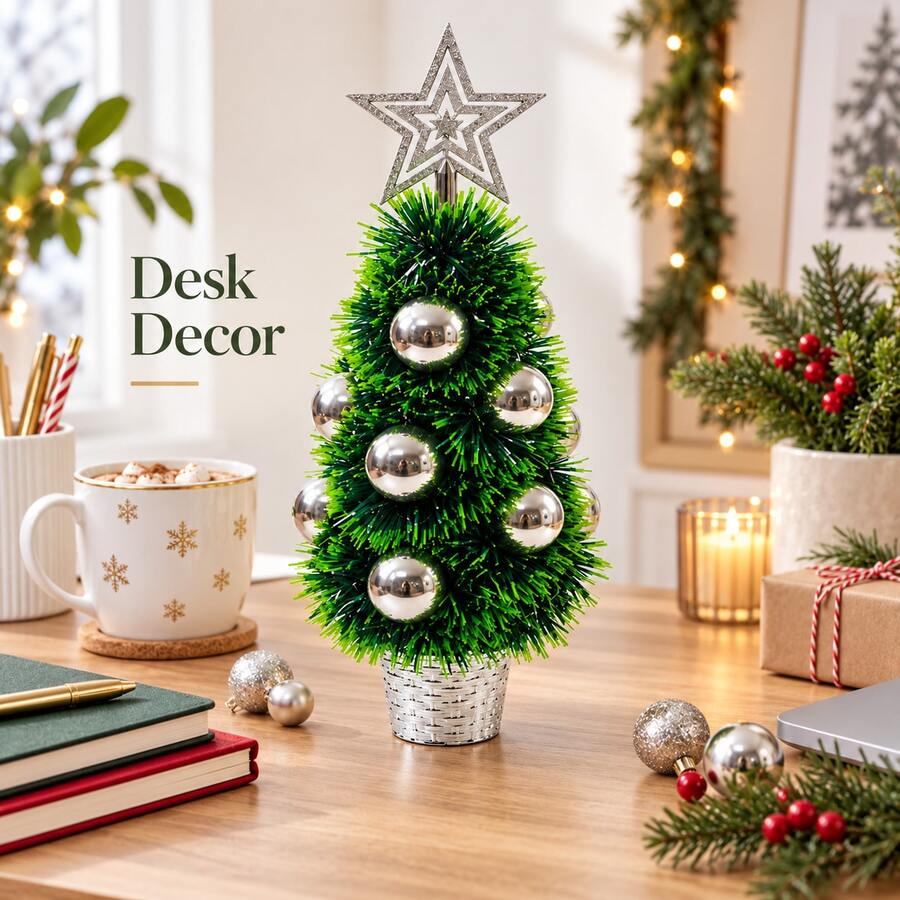 Mini Tabletop Christmas Tree 40cm PVC Holiday Tree With Star Top And Bauble Decor - Silver - View 1