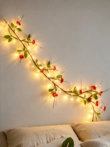 1pc LED Tree Light, Red Flower + Green Leaf Tree Light, USB Powered Peach Blossom LED String Light, Artificial Flower Garland, Warm Light Night Light, Plug And Play, Suitable For Indoor Home Decor, Christmas, Bedroom, Kitchen, Party Decoration (Battery Not Included) - M6-red Flower + Green Leaf - View 7