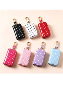 Retro Polka Dot Leather Car Key Case,Portable Key Holder Pouch With Hanging Pendant,Auto Key Protector For Daily Use - Multicolor - View 2