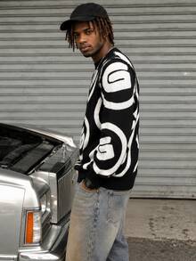 BLACKTOEXIT Men's Crew Neck Long Sleeve Chunky Knit Loose Drop Shoulder American Streetwear Jacquard Pullover Sweater Autumn Winter - Black - View 3