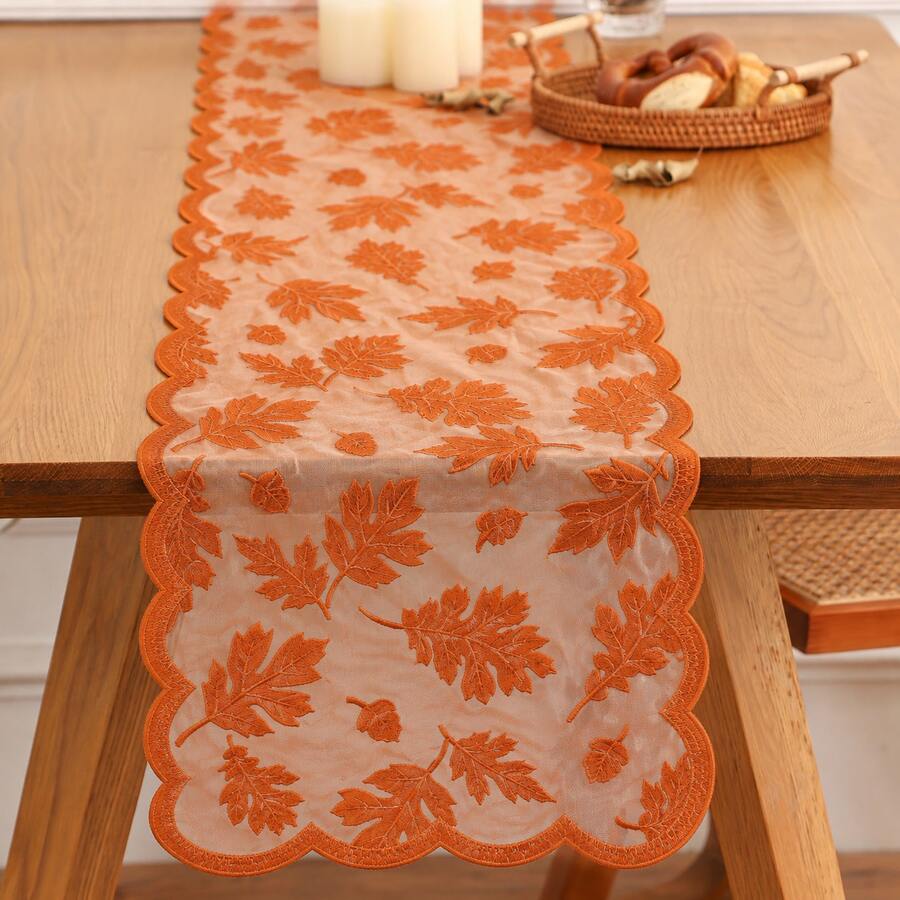 Maple Leaf Autumn Table Runner, 13x72 Inch Thanksgiving Table Runner Decoration Lace Orange Table Runner, Autumn Home Decor, Autumn Dining Table Decor, Suitable For Harvest Kitchen Dinner Party - Multicolor - View 1