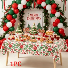 1pc Christmas Mint Plastic Tablecloth 130*274cm - Red And Green Disposable Rectangular Tablecloth With Candy Cane And Lollipop Design, Suitable For Holiday Christmas Winter Celebration - Christmas Red and Green Candy - View 9