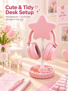 1pc Pink Star Headphone Stand, Cute Desktop Headphone Storage Rack With Storage Base, Suitable For Bedroom, Dorm, Office And Desktop Decoration - Multi-color (Pink) - View 1