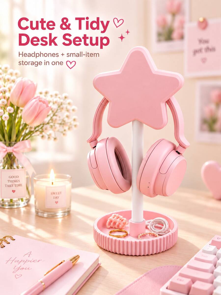 1pc Pink Star Headphone Stand, Cute Desktop Headphone Storage Rack With Storage Base, Suitable For Bedroom, Dorm, Office And Desktop Decoration - Multi-color (Pink) - View 1