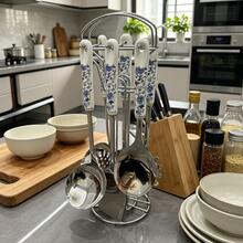 1/6pcs Blue Floral Print Ceramic Handle Stainless Steel Kitchen Utensil Set - Includes Spatula, Soup Ladle, Strainer, Rice Scoop, Noodle Spoon And Turner - Easy To Clean, Easy To Store, Kitchen Tools And Gadgets Set - Multicolor - View 7