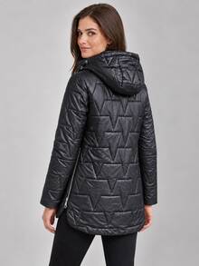 Women's Hooded Triangle Quilted Cotton Jacket With Drawstring Zip Front Stand Collar Padded Coat - Black - View 4