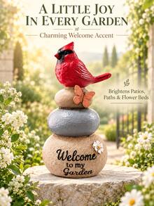 1pc Cardinal Bird Welcome Garden Statue, Charming Red Bird Perched On Stacked Stones With Butterfly Decor, Rustic Outdoor Yard, Patio, Porch, Lawn, Flower Bed And Garden Path Decoration - New - View 5