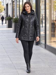 Women's Hooded Triangle Quilted Cotton Jacket With Drawstring Zip Front Stand Collar Padded Coat - Black - View 3