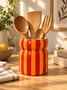 1pc Colorful Striped Utensil Holder, Large Glossy Kitchen Countertop Utensil Crock, Decorative Cooking Tool Storage Jar, Multi‑Color Choice, Perfect Housewarming Kitchen Gift - Waist-cinching Striped Storage - View 8