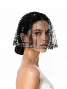 1pc Women's New Sexy White & Black Mesh Rhinestone Bridal Veil Ball Evening Party Decorative Accessory - Multicolor - View 11