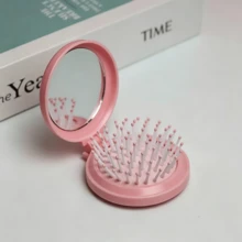 1/3/5/10pcs Cute Mini Portable Folding Air Cushion Comb, Pink, With Round Portable Mirror, Multifunctional 2-In-1 Integrated Clip Comb, Suitable For Daily Use And Travel Pocket Mirror Comb, Dry Hair Wet Hair Brush, Women Girls Party Favor Gift - A - View 3
