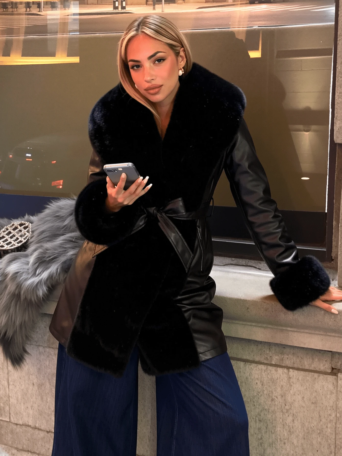 Giolshon 女士 PU 人造毛皮外套，配腰带 - 秋冬季的理想之选，时尚的腰带设计，适合休闲或通勤穿着，黑色优雅款