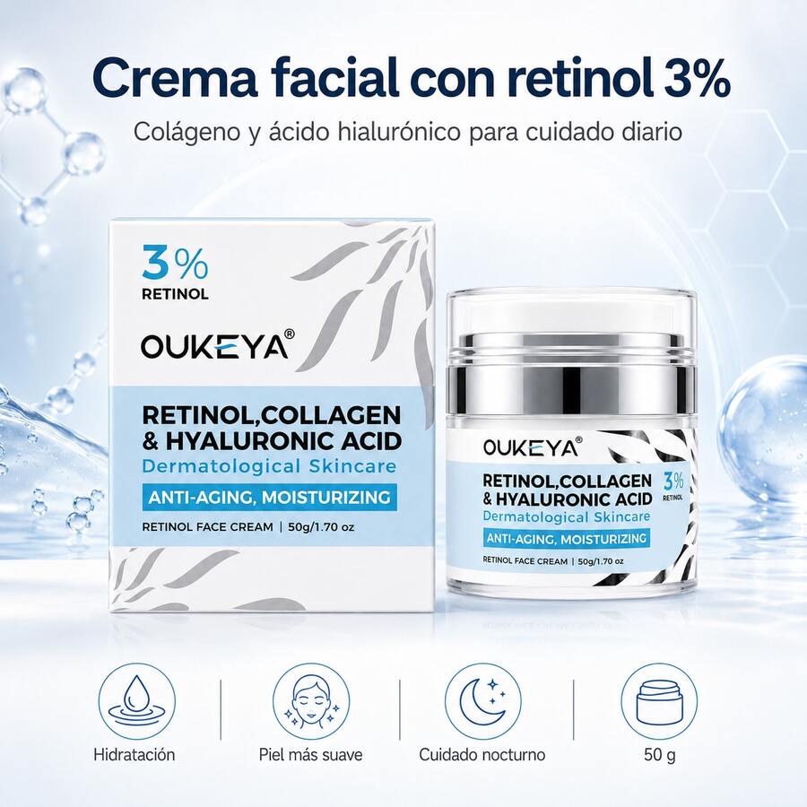OUKEYA Crema Facial con Retinol, Niacinamida, Ácido Hialurónico, Vitamina E y Péptidos, Hidratante Antiedad para Rostro, Piel Suave y Firme, Uso Diario, 50 g - Crema facial de retinol 50 g - Ver 1