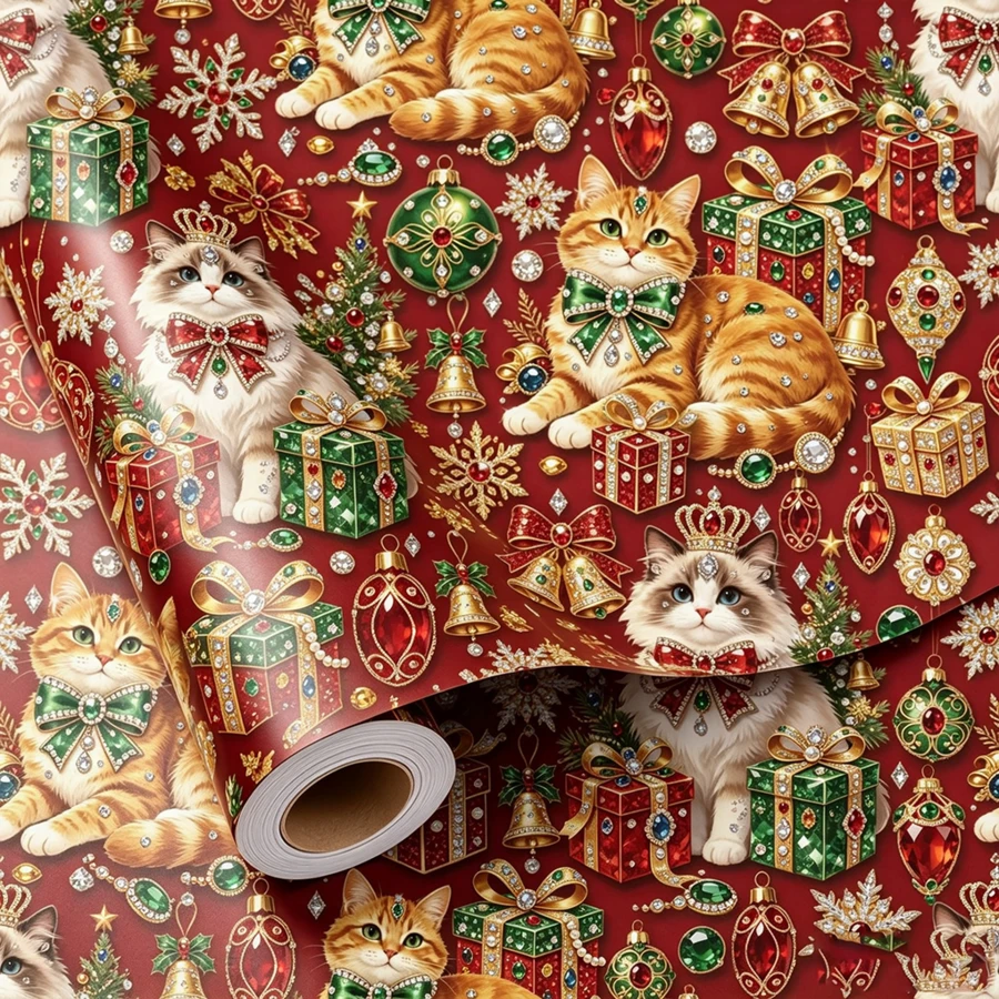 1pc Deep Red Gift Wrapping Paper, Pattern Includes Cats, Christmas Trees, Snowflakes, Christmas Bells, Total Length 17*197 Inches (43*500cm), Exquisite Gift Wrapping Paper, Suitable For Christmas, Thanksgiving, Halloween