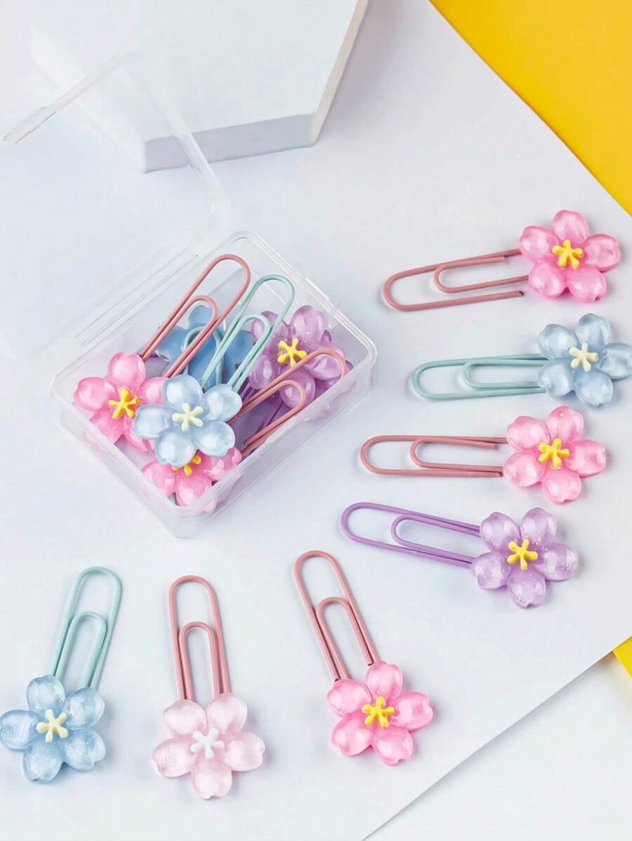 6/12pcs Exquisite Cherry Blossom Paper Clips, 2 Sizes Available, Dopamine Color Palette, Attractive And Practical Design, Creative Product, Suitable For Storage, Organization, Documents - Multi-color - View 1