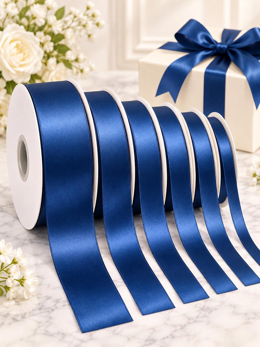 10 Yards Royal Blue Satin Ribbon Roll, Multiple Sizes Available - Silky Polyester Fabric Edge Ribbon, Suitable For Gift Wrapping, Wedding Bouquet Decoration, Christmas Gift Packaging, Hair Clips With Ribbon, Cake Decoration And Handmade Crafts - Denim Blue - View 1