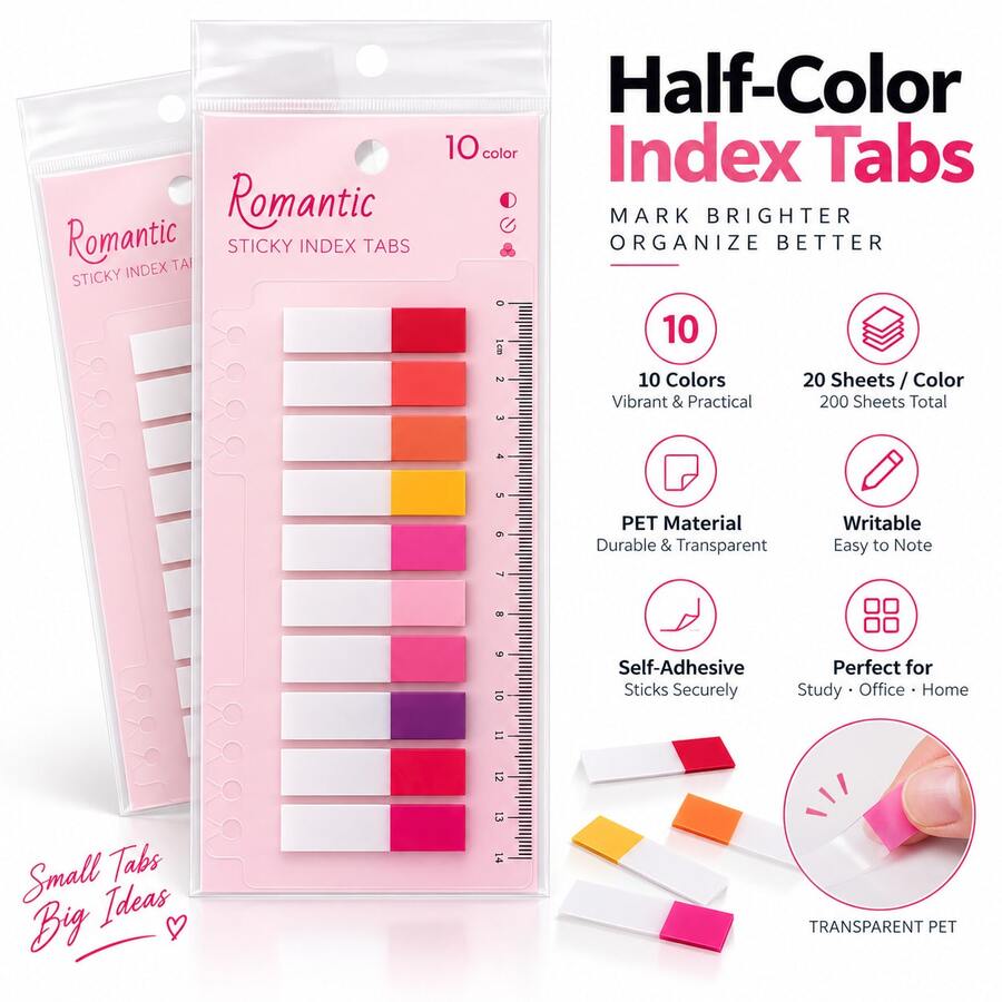 Candy Color Loose-Leaf Index Sticky Notes 200pcs/Pack Semi-Transparent Index Tabs With Index Ruler 10 Colors Book Page Divider Marker Labels - one-size - View 1