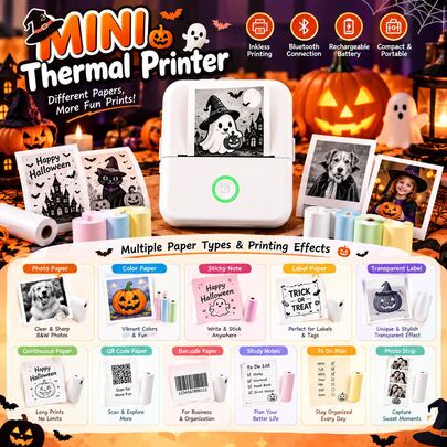 Mini Impresora de Pegatinas, Impresora Térmica Portátil de Bolsillo para Regalos de Halloween, Decoración de Fiestas de Halloween, Notas de Estudio, Impresión de Fotos, Memos, Diarios, Listas de Viaje, Sin Tinta Inalámbrica Compatible con Smartphones Android & IOS