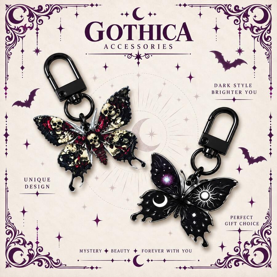 5/2/1PC Halloween Gothic Butterfly Keychain, Skull Moon Sun Printed Butterfly Pendant Key Ring, Punk Dark Style Bag Charm For Backpack Purse Keys - Black - View 1