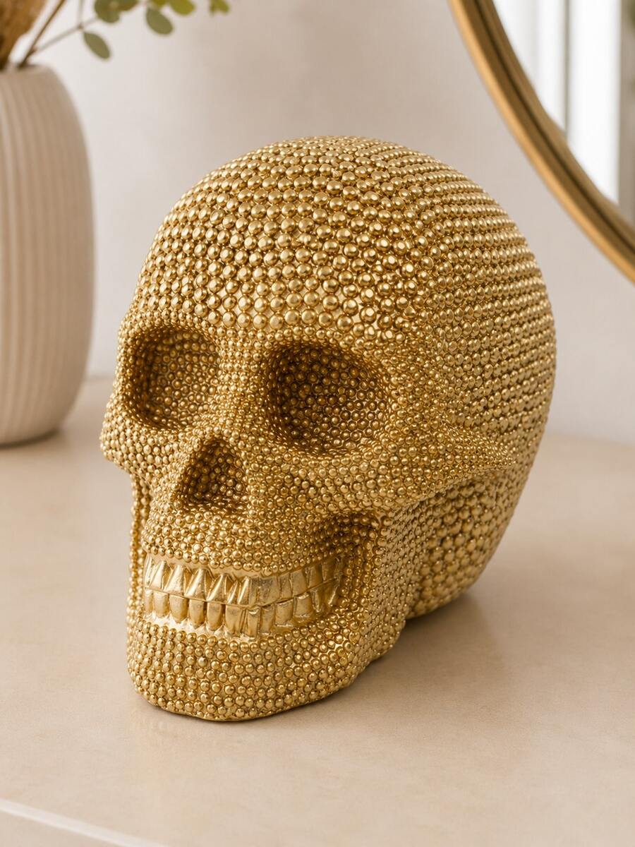 金銀色骷髏雕像,鑲釘哥德風骷髏雕塑,現代奢華桌面裝飾品,獨特家居裝飾,適用客廳、臥室、書架、辦公室與玄關,萬聖節裝飾禮物 - A - 查看 1