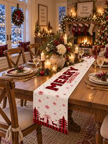 1pc Christmas Table Runner, Red & Black Plaid, Snowflake, Reindeer, Merry Christmas Tree Print, American Country Christmas Table Decor, Suitable For Holiday Dinner Party, Kitchen Dining Table - Multicolor - View 14