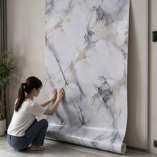 1 Roll Removable, Peelable Aluminum Foil Contact Paper - Cartoon Marble Texture Pattern, Waterproof, Oil-Resistant, Matte White, Suitable For Bathroom, Kitchen, Dorm, Bedroom Wall Decor, Non-Adhesive Vinyl Wallpaper Room Decor Kitchen Decor Kitchen Items - Gray Blue - View 2