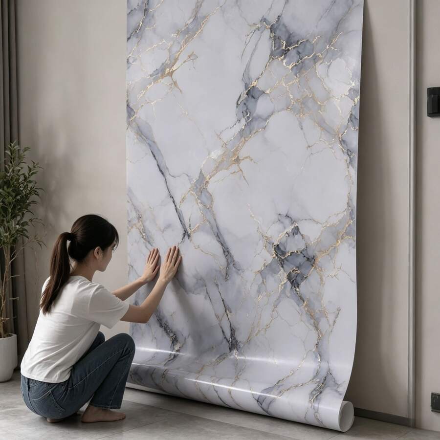1 Roll Removable, Peelable Aluminum Foil Contact Paper - Cartoon Marble Texture Pattern, Waterproof, Oil-Resistant, Matte White, Suitable For Bathroom, Kitchen, Dorm, Bedroom Wall Decor, Non-Adhesive Vinyl Wallpaper Room Decor Kitchen Decor Kitchen Items