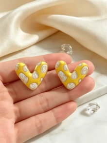 1 par de elegantes pendientes de botón con forma de corazón esmaltado, diseño único con motas blancas, pendientes de lujo ligeros, adecuados para mujeres, vacaciones, fiestas, uso diario - Blanco - Ver 8