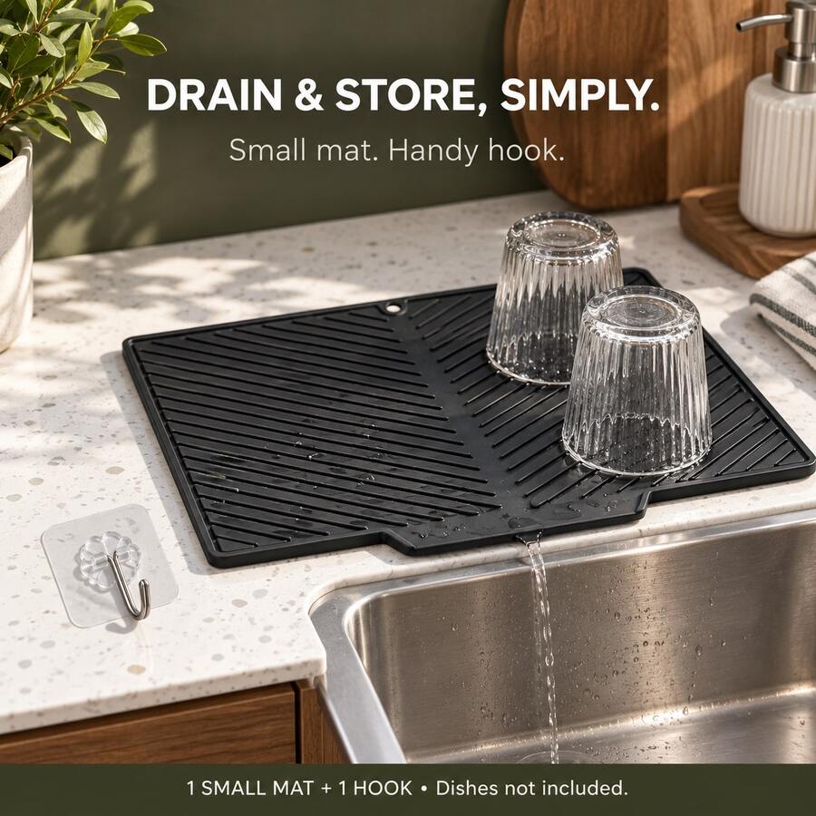 1 Set Small Silicone Draining Mat With Adhesive Hook, 37 X 26 Cm, Flexible Kitchen Countertop Draining Rack With Drainage Hole, Compact Kitchen Hanging Storage, Black Or Gray, 1 Mat + 1 Hook Set - Multicolor - View 1