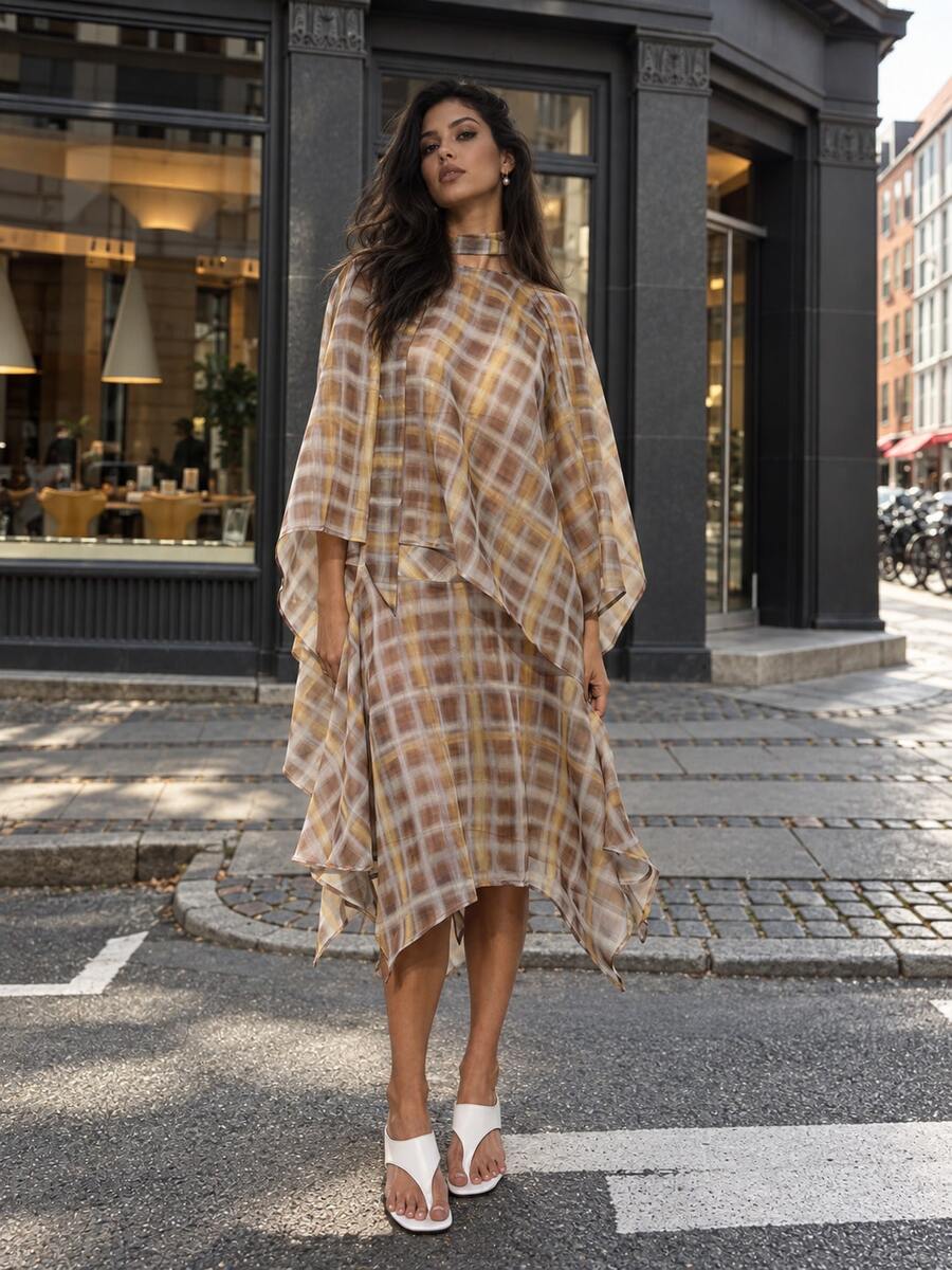 Women's Elegant Bohemian Style Casual Plaid Batwing Sleeve Top And Skirt Set, Suitable For Summer And Spring Beach - Plaid - View 1