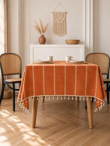 MeijiaMo 1pc Orange Embroidery Rectangle Tablecloth, Nordic Minimalist Bohemian Handmade Linen Jacquard Tassel Decor Dust Proof Placemat For Round Dining Table, Suitable For Kitchen, Dining Room, Living Room, Bedroom, Outdoor, Holiday Celebration, Party, All Seasons - Orange - View 2