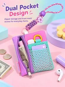 Color Block Mini Coin Purse With Phone Lanyard, Multifunctional Card Holder & Keychain Pendant, Portable Small Square Zipper Storage Bag, Suitable For Coins, Cards, Earphones And Daily Small Items, Cute Bag Charm Accessory,Travel Essential - Multicolor - View 3