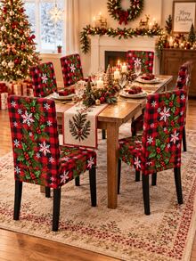 Christmas Dining Chair Set Red & Black Plaid Holly Berry Snowflake Print Chair Covers Restaurant Kitchen Holiday Table Decor - Red - View 3