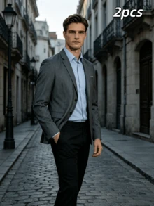 Elegante Terno de Luxo Masculino 2 Peças, Blazer Cinza Slim Fit de Abotoamento Único com Dois Botões e Lapela Entalhada com Calça Social Preta, Traje Formal de Negócios Sofisticado para Escritório, Banquete, Casamento e Cerimônia - Multicolorido - Visão 1