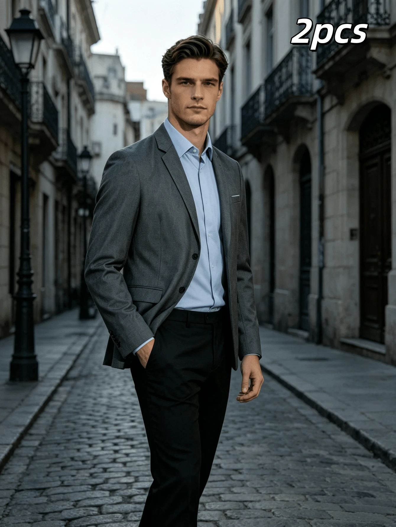 Elegante Terno de Luxo Masculino 2 Peças, Blazer Cinza Slim Fit de Abotoamento Único com Dois Botões e Lapela Entalhada com Calça Social Preta, Traje Formal de Negócios Sofisticado para Escritório, Banquete, Casamento e Cerimônia - Multicolorido - Visão 1