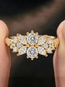 1PC 18K Gold Plated Luxury White Gemstone Ring,Dual Round Center Stones,Horse Eye And Round Cluster Floral Ring, Ladies' Exquisite Holiday Party Gift - Yellow Gold - View 2