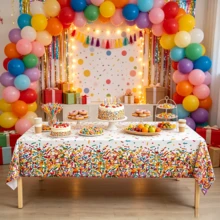 2pcs Colorful Candy Disposable PE Tablecloth, 54*108inch Rectangular Colored Paper Tablecloth, Suitable For Birthday Wedding Party Ice Cream Theme Party Supplies - Rainbow Candy - View 4
