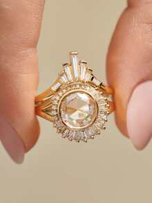 1PC Gold Luxury White Gemstone Ring,Rectangular Curved Trapezoidal Stackable Ring, Ladies' Exquisite Holiday Party Gift - Yellow Gold - View 9