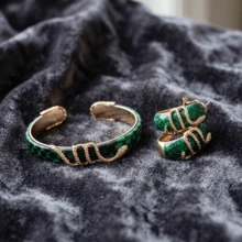 NeeFu WoFu 1pc Bohemian Snake Embossed Green Leather Cuff, Open Copper Wrap Bracelet, Women's Mysterious Gothic Halloween Present - Snakeskin - View 5