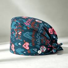 1pc Women's Heart Print Tie-Up Work Hat, Side Button Design Adjustable Headwrap Cap, Breathable Dust-Proof Beauty Salon Kitchen Protective Cap - Love Style - View 16