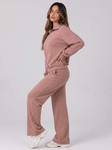 Never me Set Kasual 2 Potong Wanita Sweatshirt Kerah Setengah Ritsleting & Celana Kaki Lurus Longgar - Rusty Rose - View 5