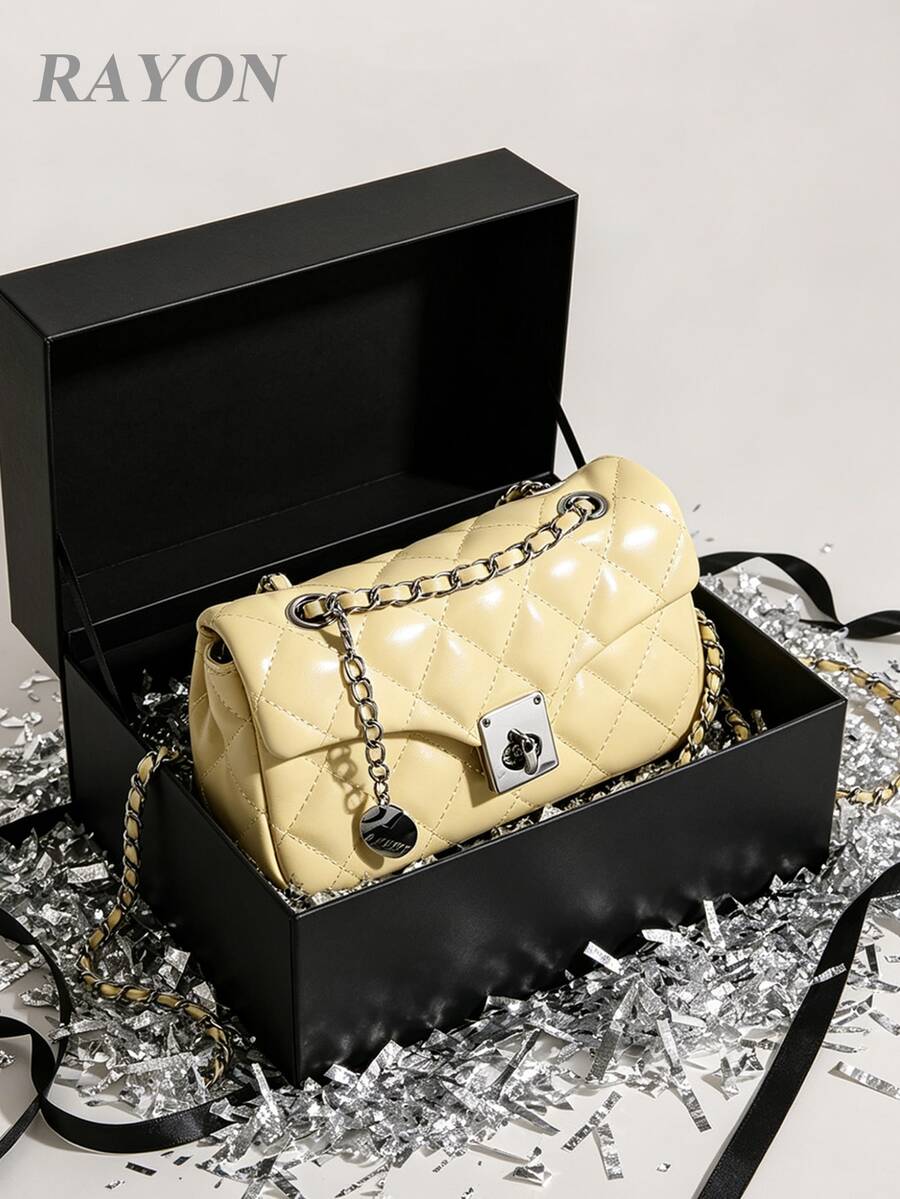 2026 Women's Luxury Quilted Diamond Embroidered Solid Color PU Leather Chain Lock Shoulder Bag, Small Handbag, High-End Fashion Versatile Crossbody Bag Suitable For Daily Outings, Work Commute, Parties, Afternoon Tea And More Occasions (Gift Box Not Included) - Yellow - View 1