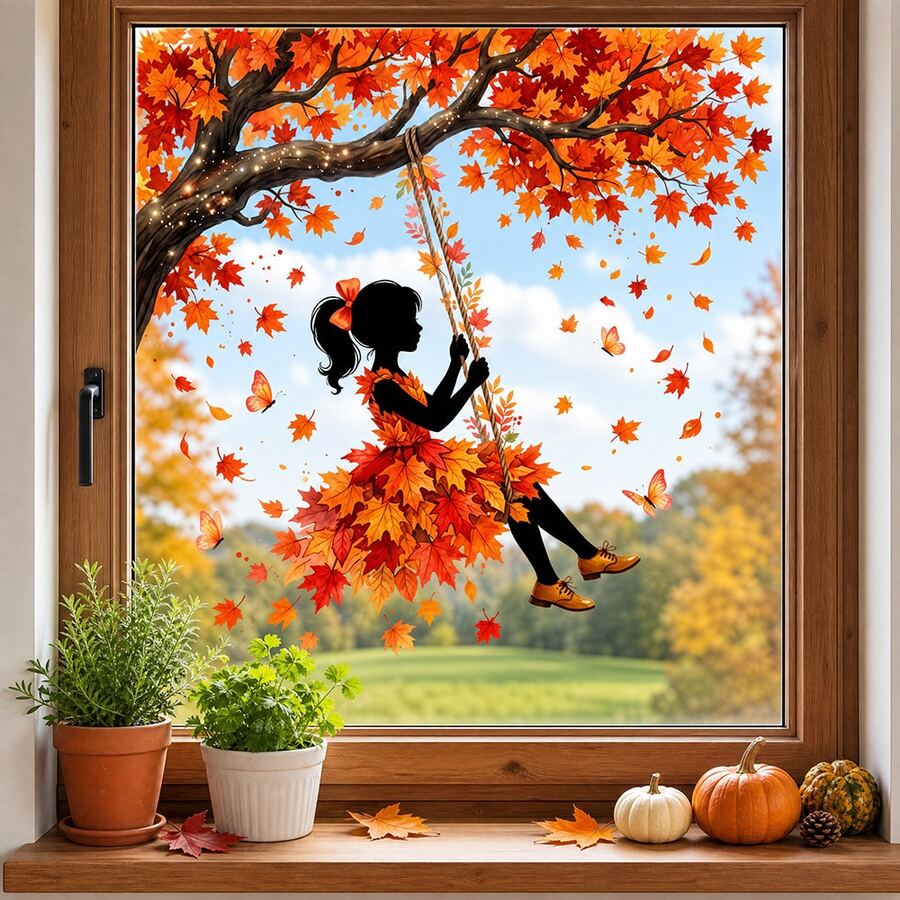 1pc Autumn Maple Leaf Swinging Skirt Window Sticker, Silhouette Tree Falling Leaves Butterfly Autumn Sticker, Removable Window Sticker, Autumn Harvest Thanksgiving Home Decor Sticker - 1PC - View 1