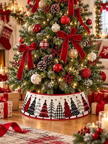 23.62 Inch Black & Red Christmas Tree Collar, Modern Christmas Tree Base Cover, Plaid Pine Tree Pattern, Minimalist Christmas Tree Skirt Alternative, Suitable For Holiday Parties, Living Room, Fireplace And Farmhouse Home Decor - Christmas Tree - View 5