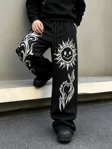 Y2K Dark Subculture Style Sun Winking Smiling Face & Flame Heart Scroll Print Elastic Drawstring Straight Leg Wide Leg Long Pants, Loose Fit Hip-Hop Retro Streetwear Sweatpants - Black - View 2