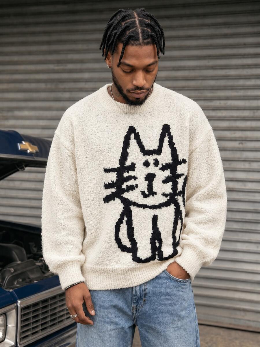 BLACKTOEXIT Men's Women's Street Fashion Double-Sided Cat Pattern Jacquard Knit Long Sleeve Sweater Loose Casual Crew Neck Pullover Spring Autumn Winter - Apricot - View 1