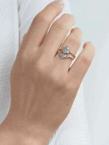 1PC Gold Luxury White Gemstone Ring, Crown Baguette V‑Curve Stackable Ring, Ladies' Exquisite Holiday Party Gift - Yellow Gold - View 4