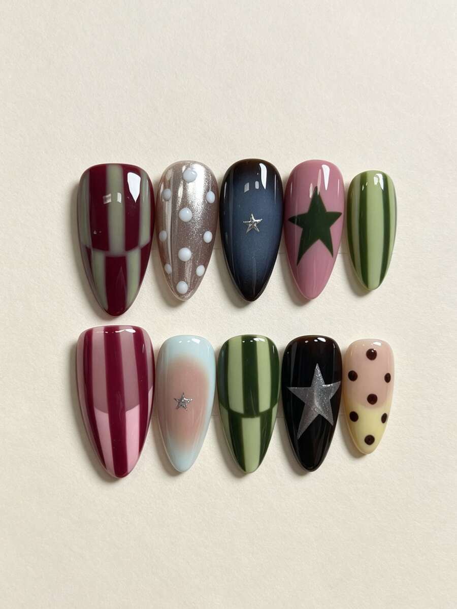 10 unhas postiças artesanais para colar, formato amêndoa médio, padrão ...
