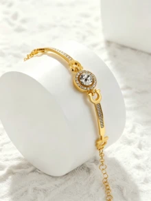 5pcs Elegant Heart Zirconia Jewelry Set, Twisted Chain Necklace, Stud Earrings & Open Ring Combination - Gold - View 5